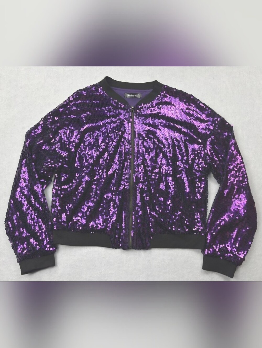 Allegra K Purple Sequin Bomber Jacket Womens Medium Full Zip Party Sparkle Coat